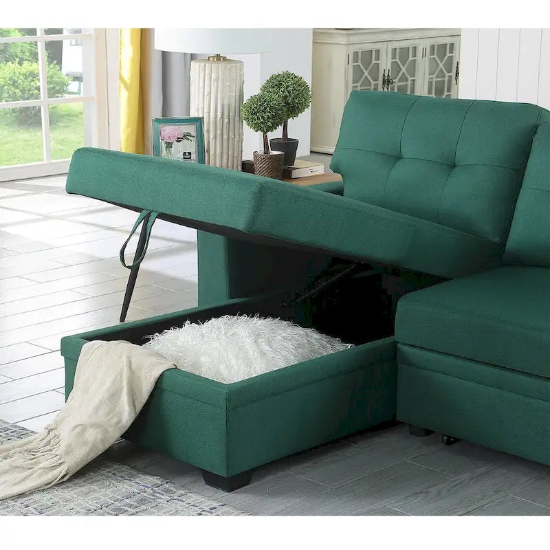 Divano componibile con chaise longue, letto estraibile, contenitore, in grigio chiaro/grigio/verde/beige/blu — 3+ posti a sedere