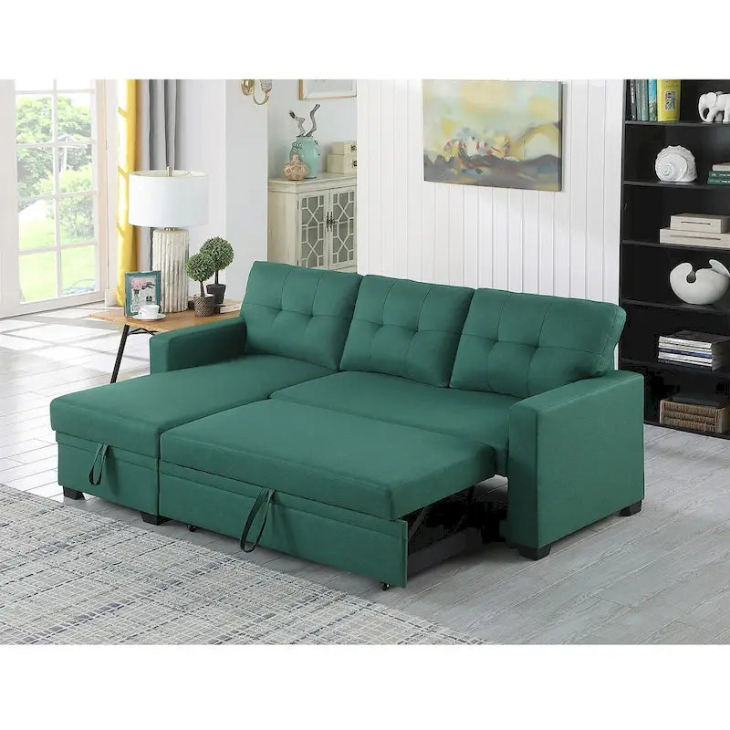 Divano componibile con chaise longue, letto estraibile, contenitore, in grigio chiaro/grigio/verde/beige/blu — 3+ posti a sedere