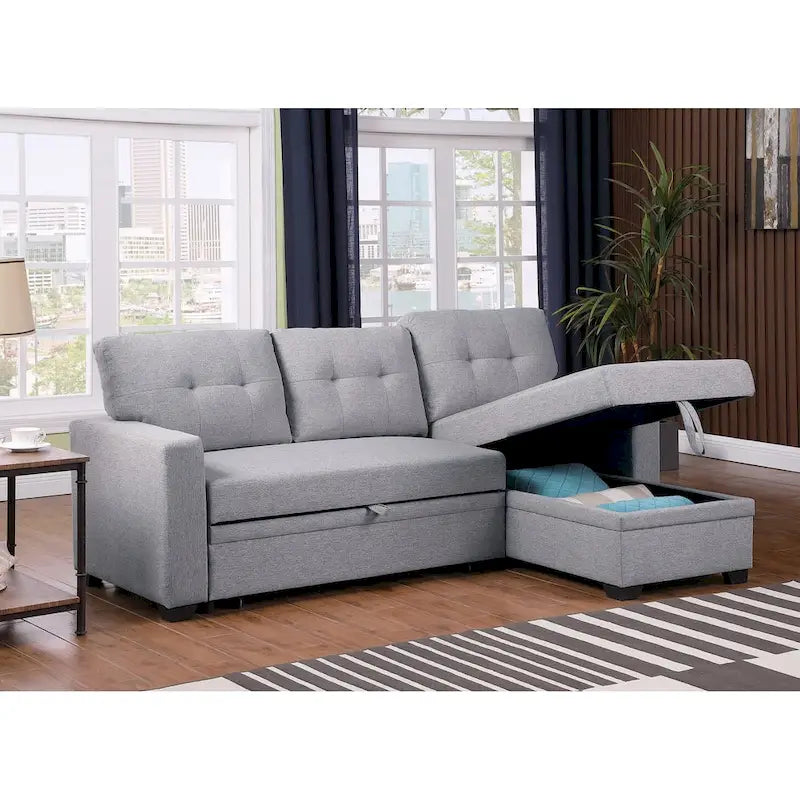 Divano componibile con chaise longue, letto estraibile, contenitore, in grigio chiaro/grigio/verde/beige/blu — 3+ posti a sedere
