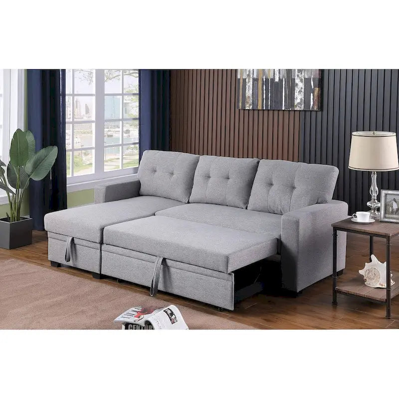 Divano componibile con chaise longue, letto estraibile, contenitore, in grigio chiaro/grigio/verde/beige/blu — 3+ posti a sedere
