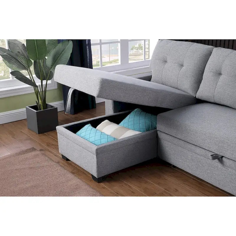 Divano componibile con chaise longue, letto estraibile, contenitore, in grigio chiaro/grigio/verde/beige/blu — 3+ posti a sedere