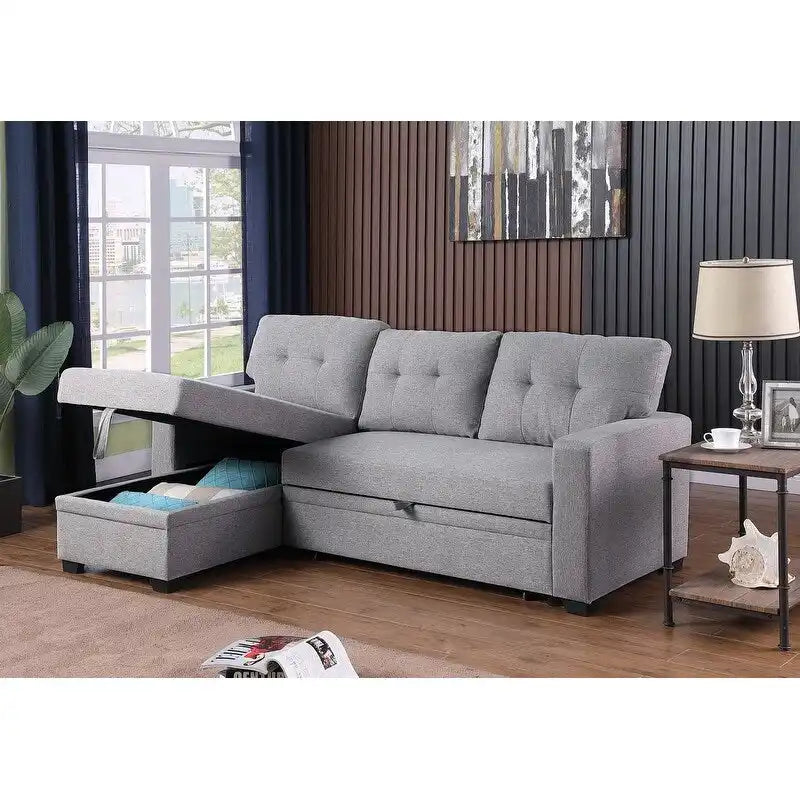 Divano componibile con chaise longue, letto estraibile, contenitore, in grigio chiaro/grigio/verde/beige/blu — 3+ posti a sedere
