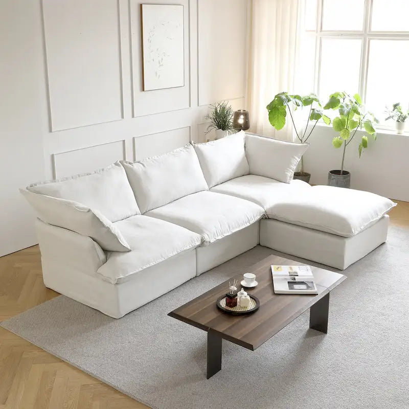 Divano sezionale in velluto, beige/bianco/nero, 4 pezzi
