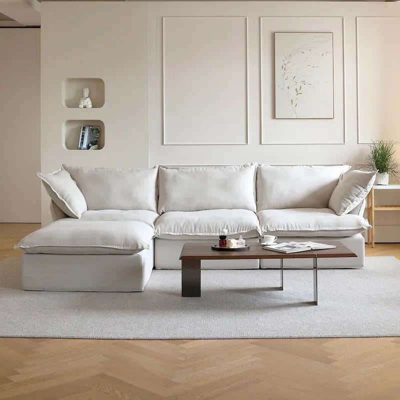 Divano sezionale in velluto, beige/bianco/nero, 4 pezzi