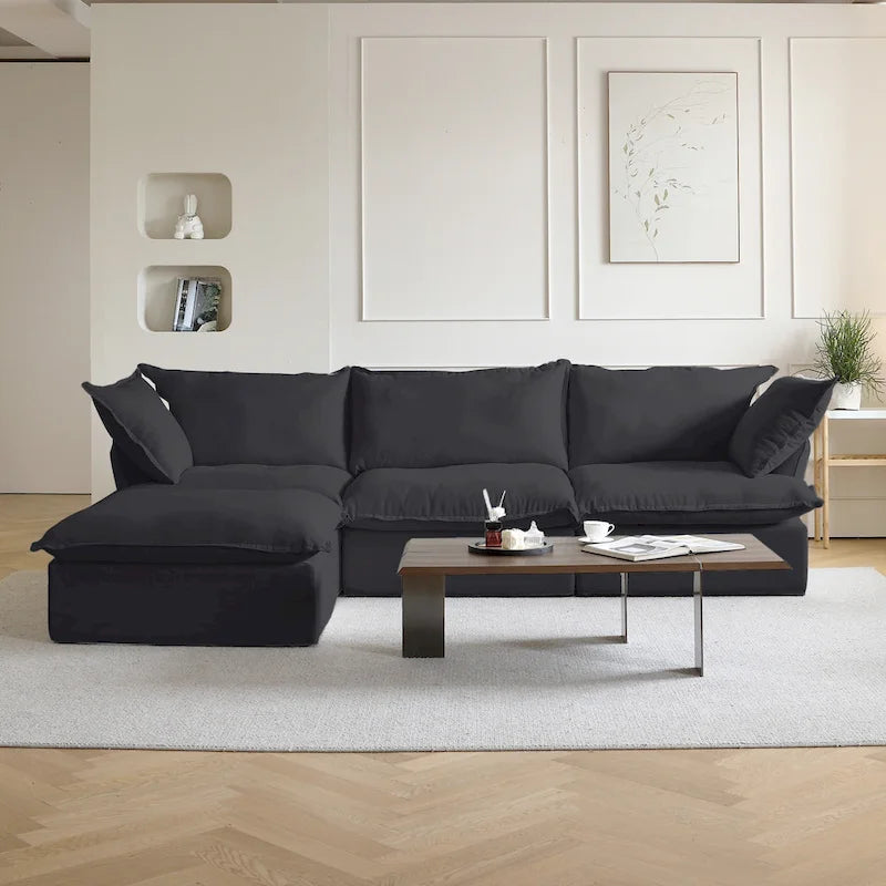 Divano sezionale in velluto, beige/bianco/nero, 4 pezzi
