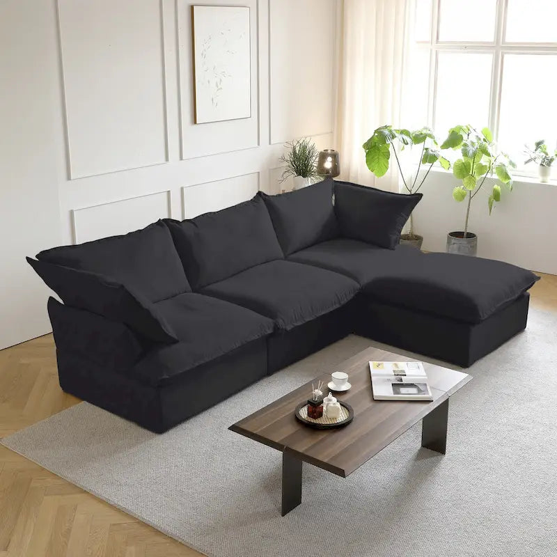 Divano sezionale in velluto, beige/bianco/nero, 4 pezzi