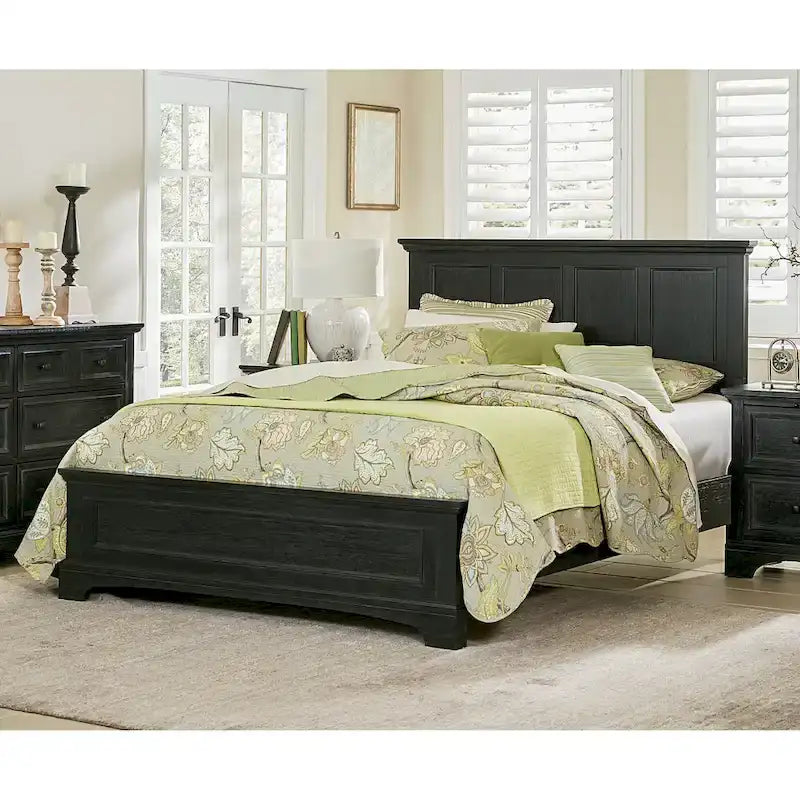 Struttura letto a pannelli rustici neri, finitura legno, Twin / Queen / King, 1-2 persone