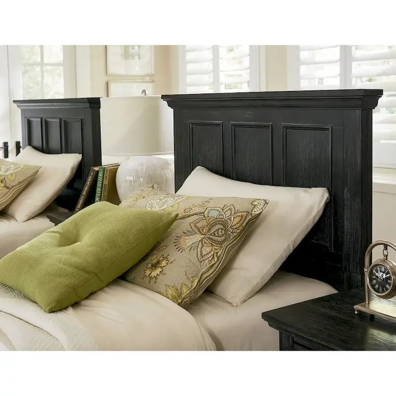 Struttura letto a pannelli rustici neri, finitura legno, Twin / Queen / King, 1-2 persone