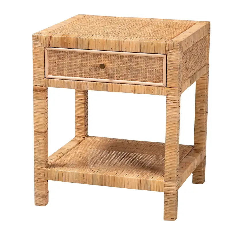 Comodino a 1 cassetto in rattan marrone naturale e mogano