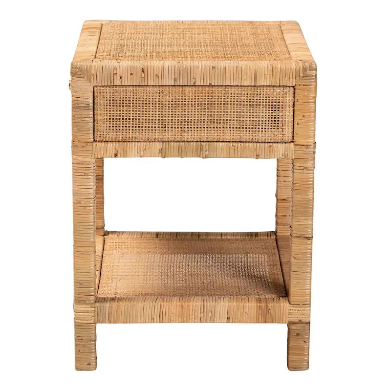 Comodino a 1 cassetto in rattan marrone naturale e mogano