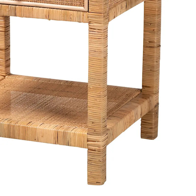 Comodino a 1 cassetto in rattan marrone naturale e mogano