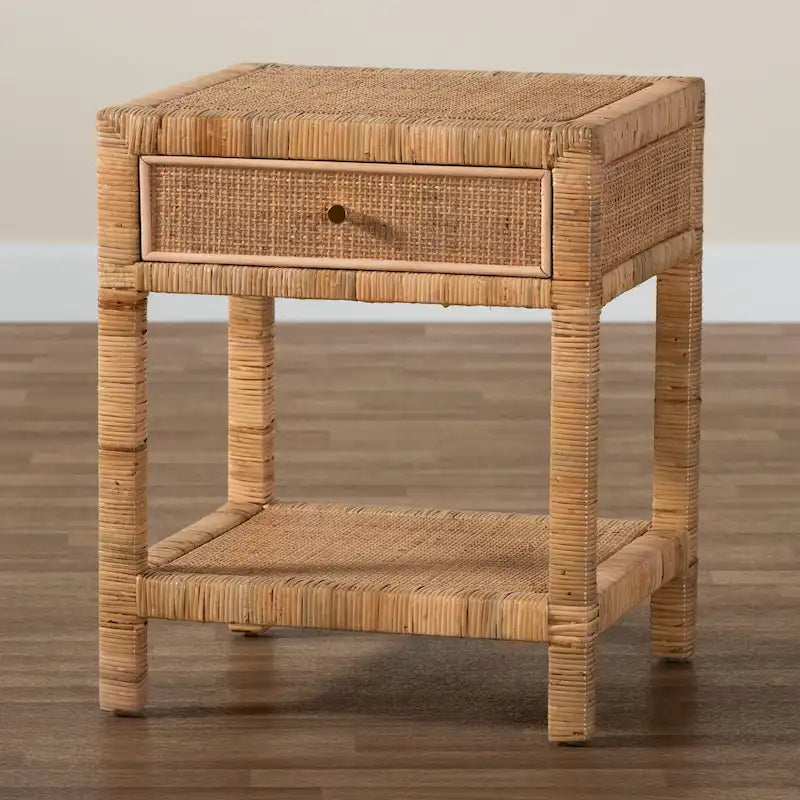 Comodino a 1 cassetto in rattan marrone naturale e mogano