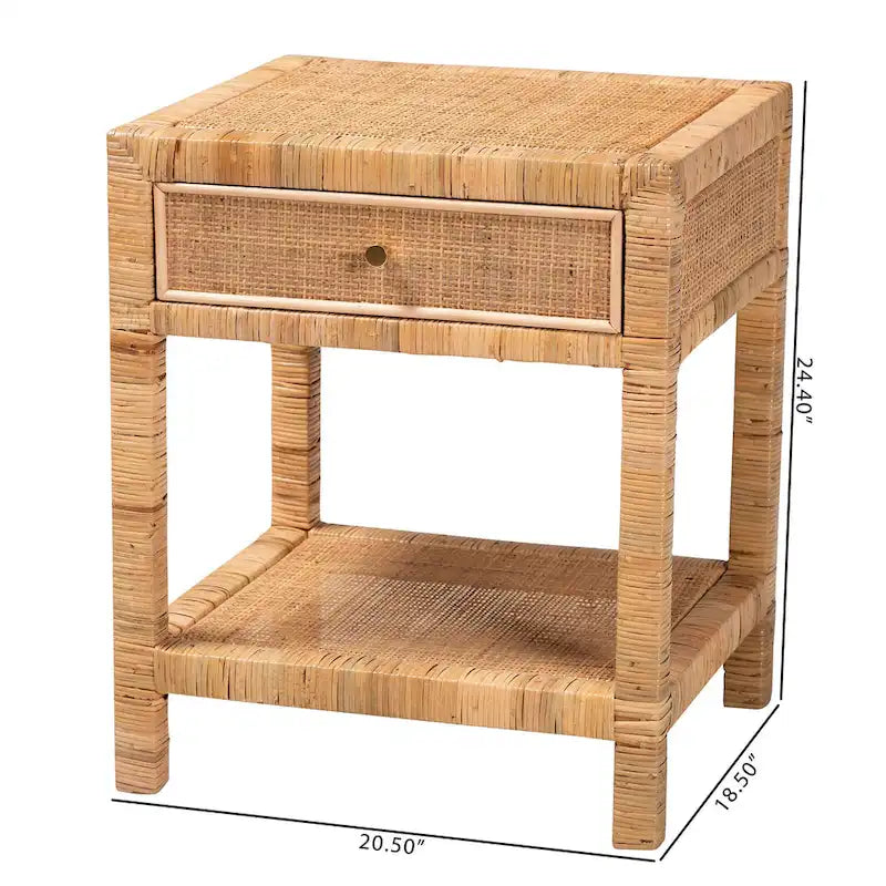 Comodino a 1 cassetto in rattan marrone naturale e mogano