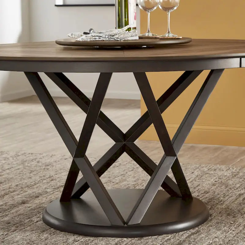 Tavolo da pranzo rotondo bicolore Espresso e Noce con Lazy Susan, 6 posti