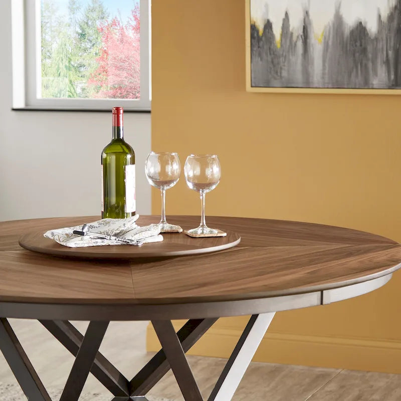 Tavolo da pranzo rotondo bicolore Espresso e Noce con Lazy Susan, 6 posti