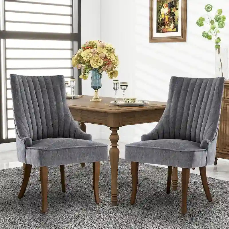 Sedia da pranzo con schienale ad ali rivestita in lino, stile Channel Back, set da 2 – Beige / Marrone / Nero / Blu / Grigio / Bianco