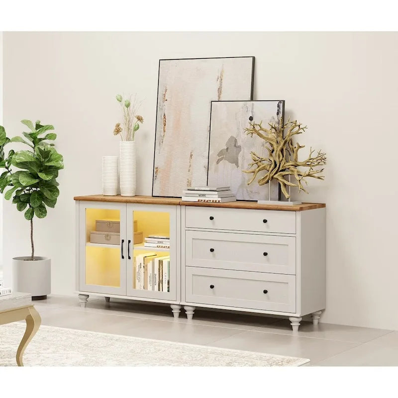Mobile buffet due in uno Off White con vetrina e cassettiera a 3 cassetti, 68 pollici