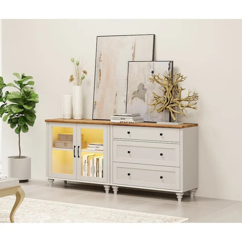 Mobile buffet due in uno Off White con vetrina e cassettiera a 3 cassetti, 68 pollici