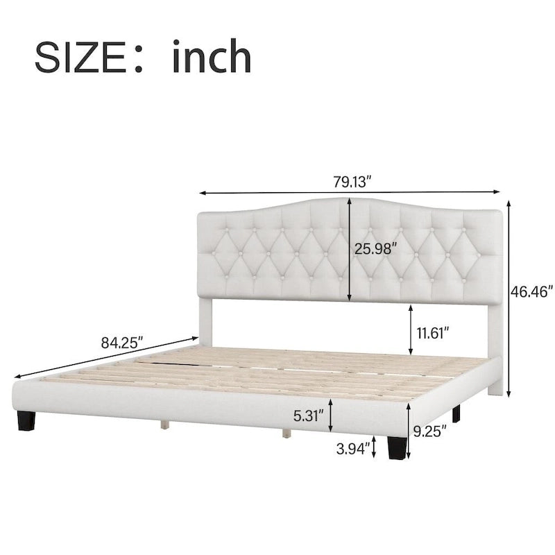Letto Imbottito a Piattaforma Trapuntato Beige, Queen/King, 2 Posti