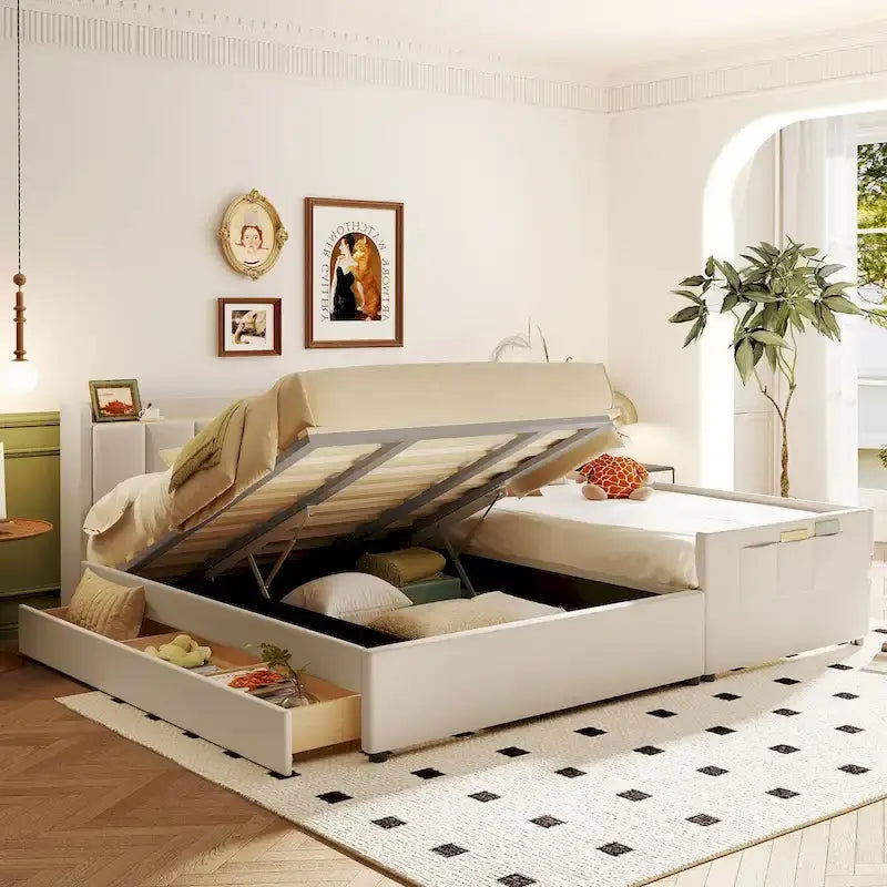 Letto imbottito a piattaforma beige/grigio, queen+twin XL, per 2 persone