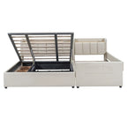 Letto imbottito a piattaforma beige/grigio, queen+twin XL, per 2 persone