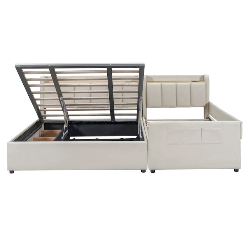 Letto imbottito a piattaforma beige/grigio, queen+twin XL, per 2 persone