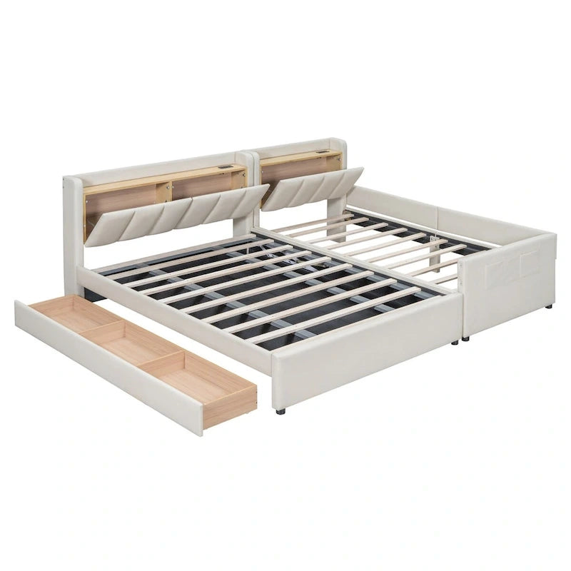 Letto imbottito a piattaforma beige/grigio, queen+twin XL, per 2 persone