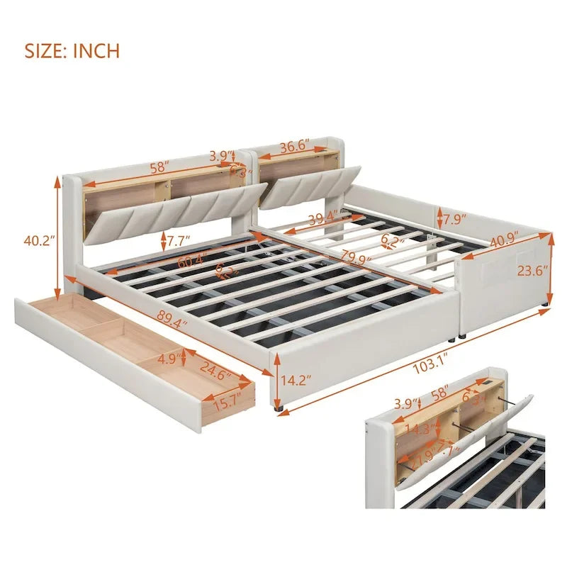 Letto imbottito a piattaforma beige/grigio, queen+twin XL, per 2 persone
