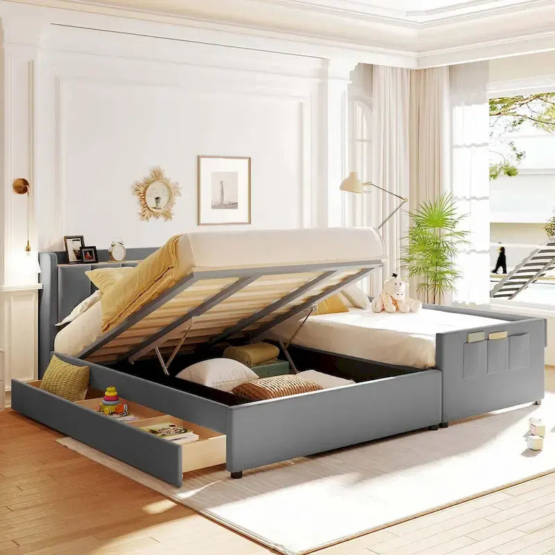 Letto imbottito a piattaforma beige/grigio, queen+twin XL, per 2 persone