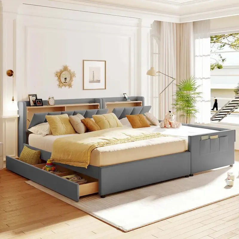 Letto imbottito a piattaforma beige/grigio, queen+twin XL, per 2 persone