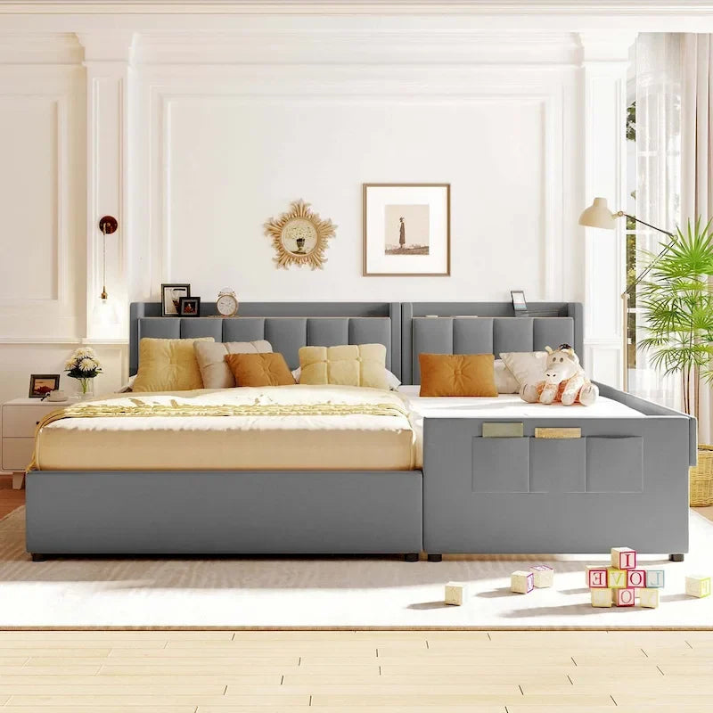 Letto imbottito a piattaforma beige/grigio, queen+twin XL, per 2 persone