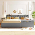 Letto imbottito a piattaforma beige/grigio, queen+twin XL, per 2 persone