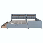 Letto imbottito a piattaforma beige/grigio, queen+twin XL, per 2 persone
