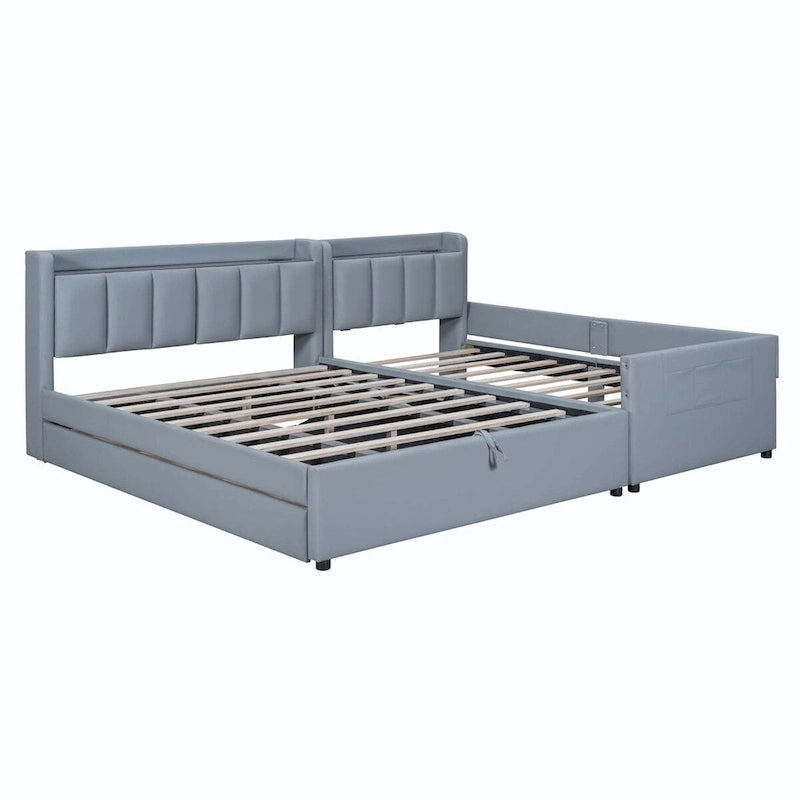 Letto imbottito a piattaforma beige/grigio, queen+twin XL, per 2 persone
