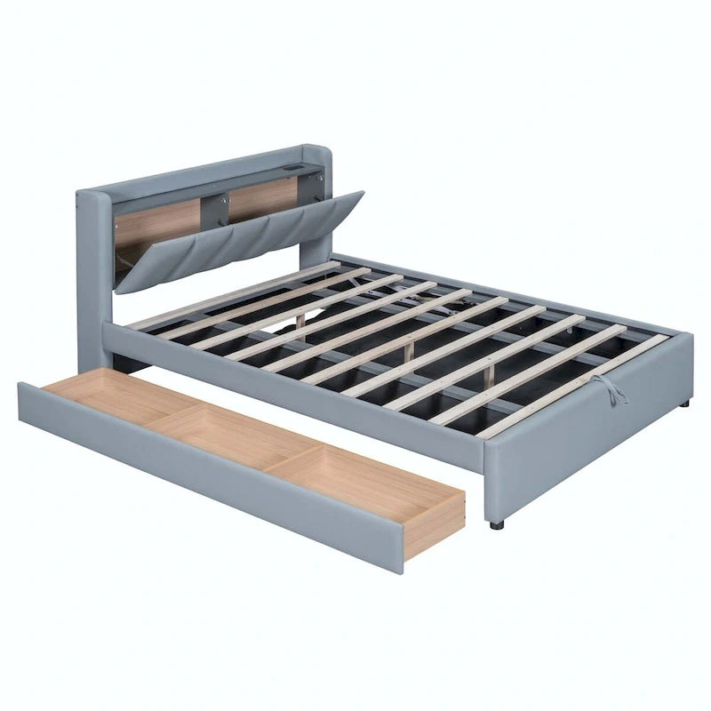 Letto imbottito a piattaforma beige/grigio, queen+twin XL, per 2 persone