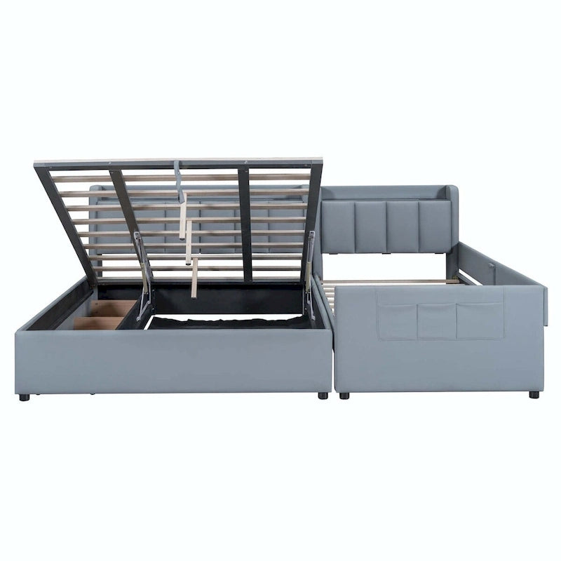 Letto imbottito a piattaforma beige/grigio, queen+twin XL, per 2 persone