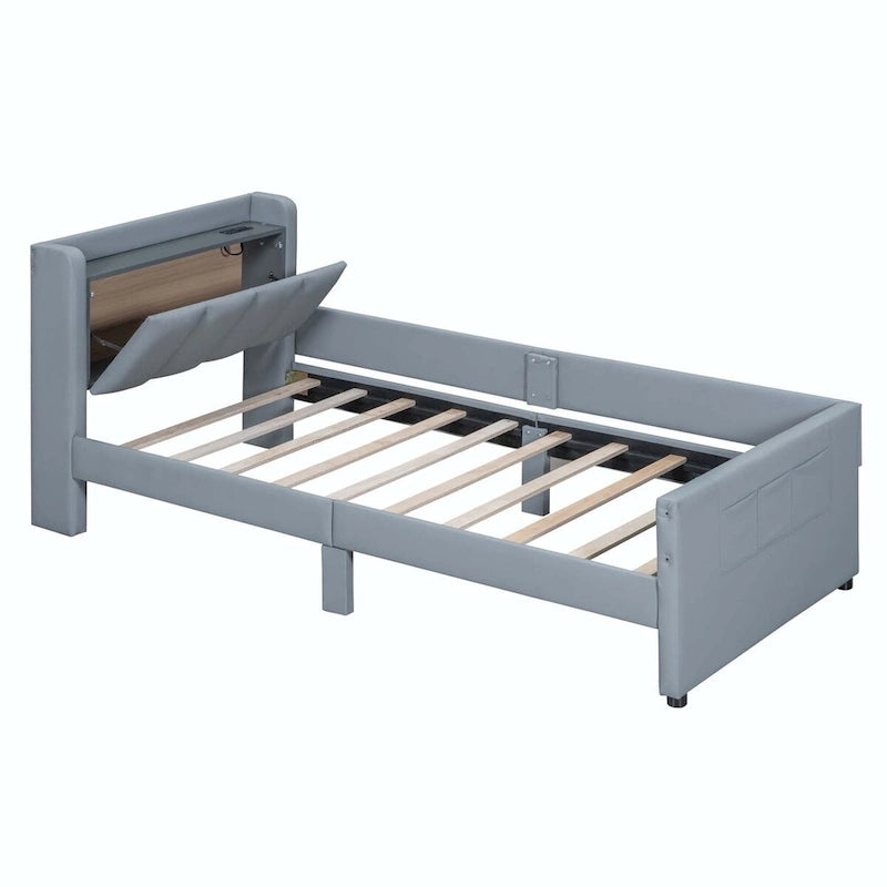 Letto imbottito a piattaforma beige/grigio, queen+twin XL, per 2 persone