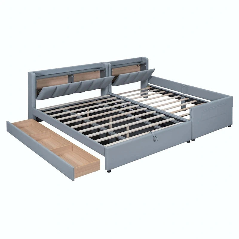 Letto imbottito a piattaforma beige/grigio, queen+twin XL, per 2 persone