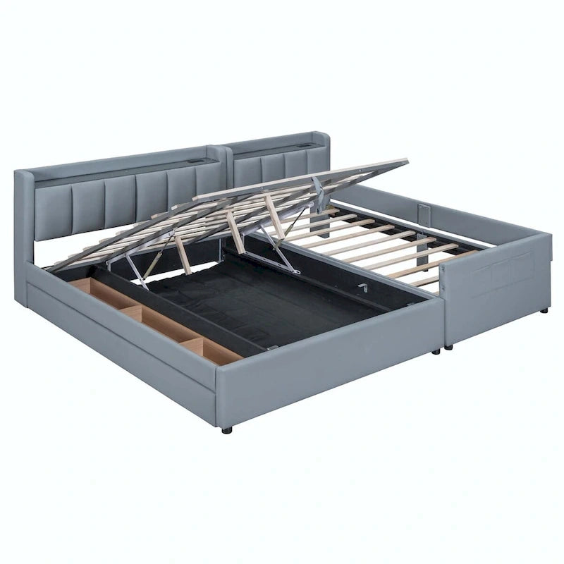 Letto imbottito a piattaforma beige/grigio, queen+twin XL, per 2 persone