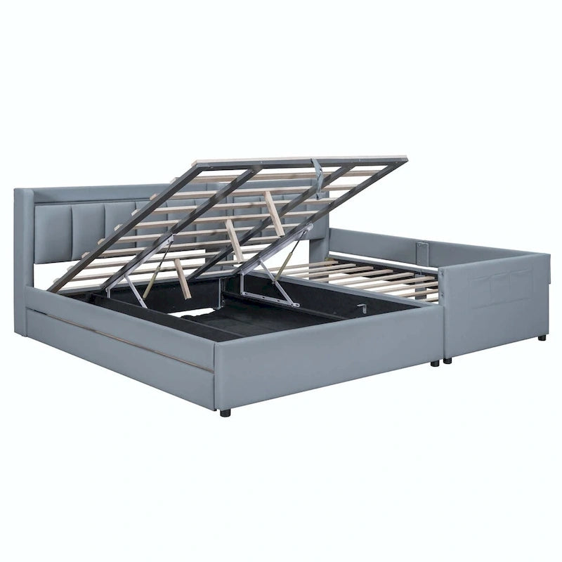 Letto imbottito a piattaforma beige/grigio, queen+twin XL, per 2 persone