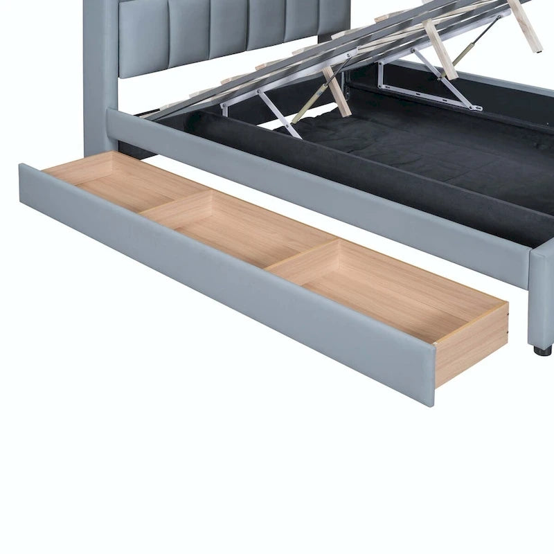 Letto imbottito a piattaforma beige/grigio, queen+twin XL, per 2 persone