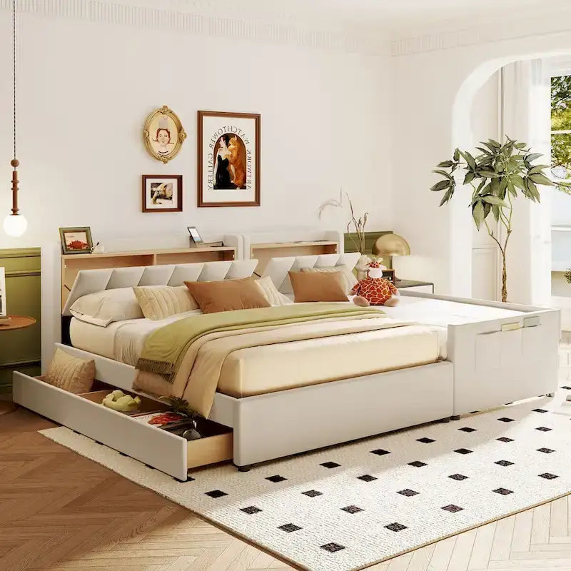 Letto imbottito a piattaforma beige/grigio, queen+twin XL, per 2 persone
