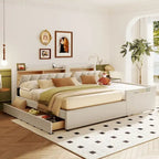 Letto imbottito a piattaforma beige/grigio, queen+twin XL, per 2 persone