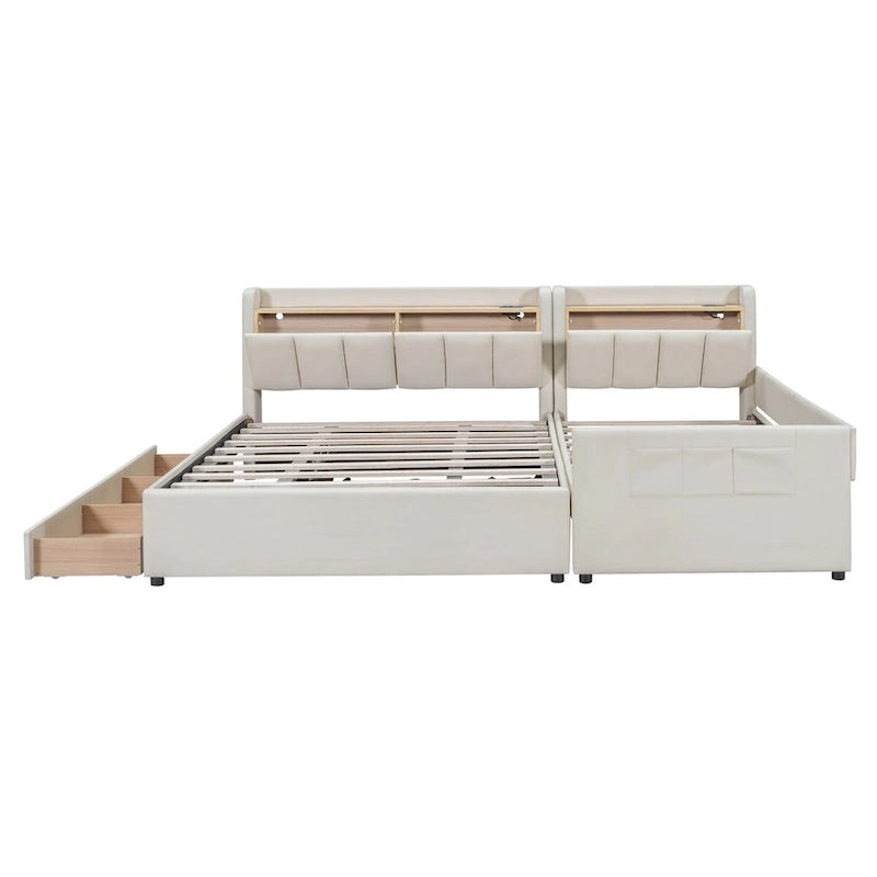 Letto imbottito a piattaforma beige/grigio, queen+twin XL, per 2 persone