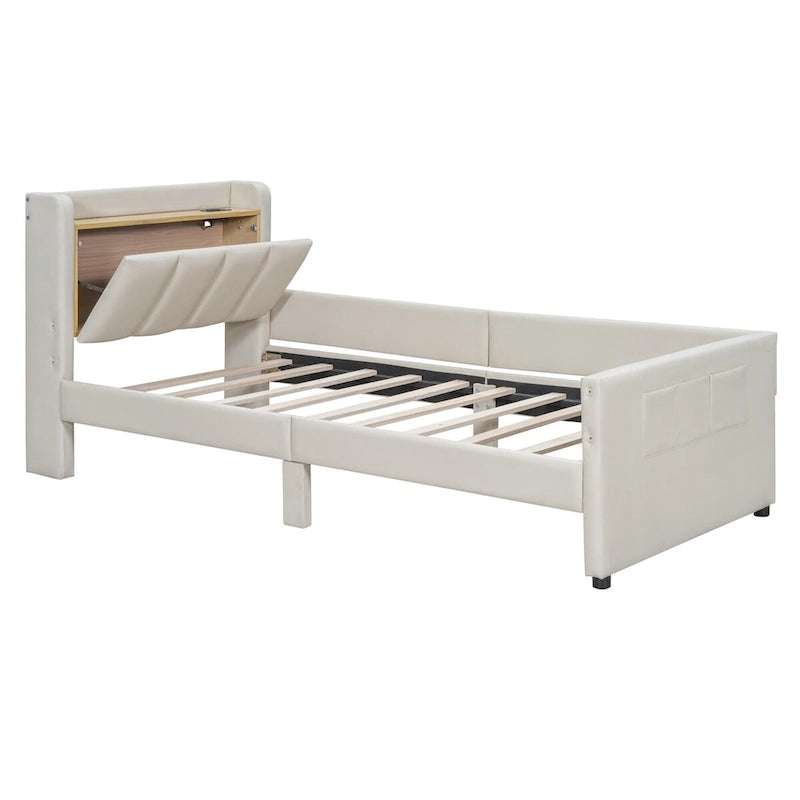 Letto imbottito a piattaforma beige/grigio, queen+twin XL, per 2 persone