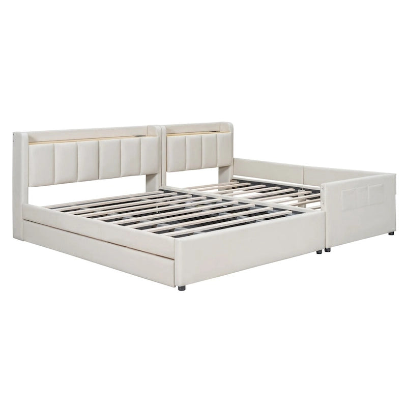 Letto imbottito a piattaforma beige/grigio, queen+twin XL, per 2 persone