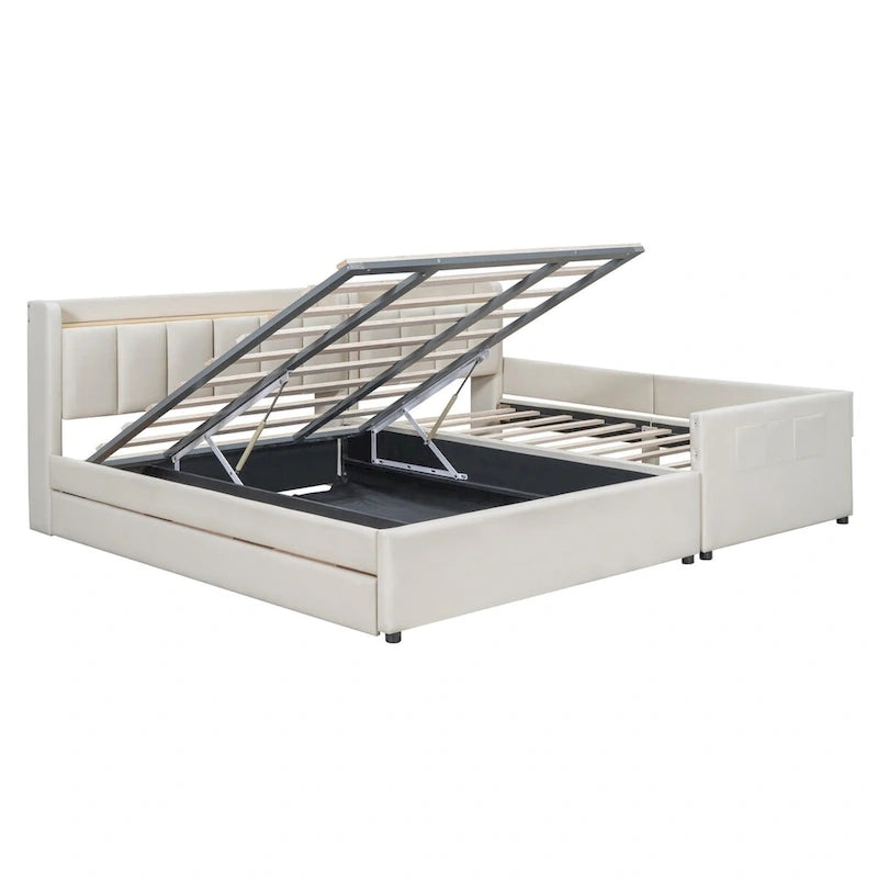 Letto imbottito a piattaforma beige/grigio, queen+twin XL, per 2 persone