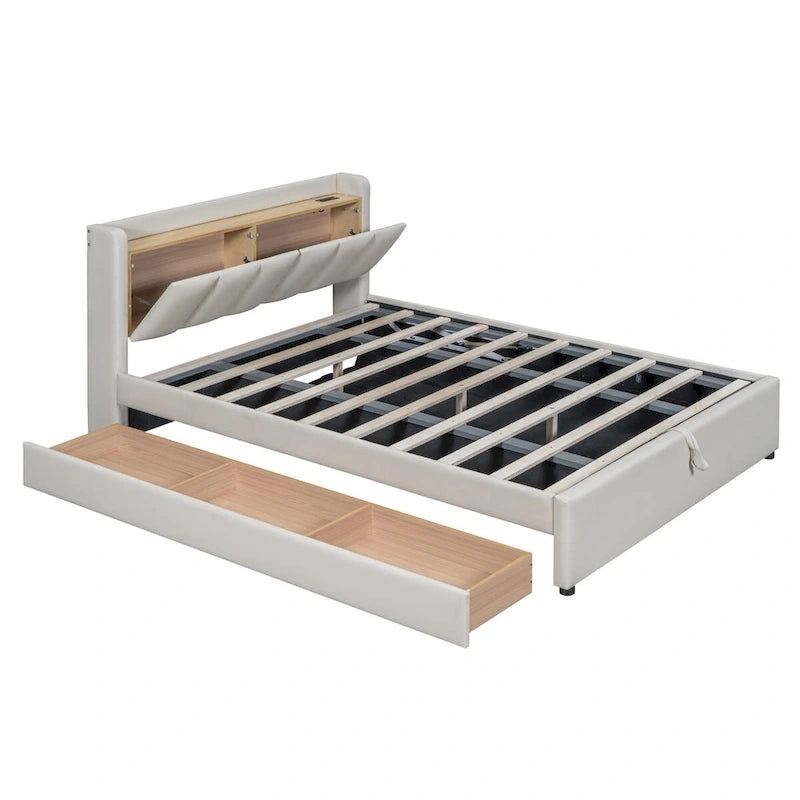 Letto imbottito a piattaforma beige/grigio, queen+twin XL, per 2 persone