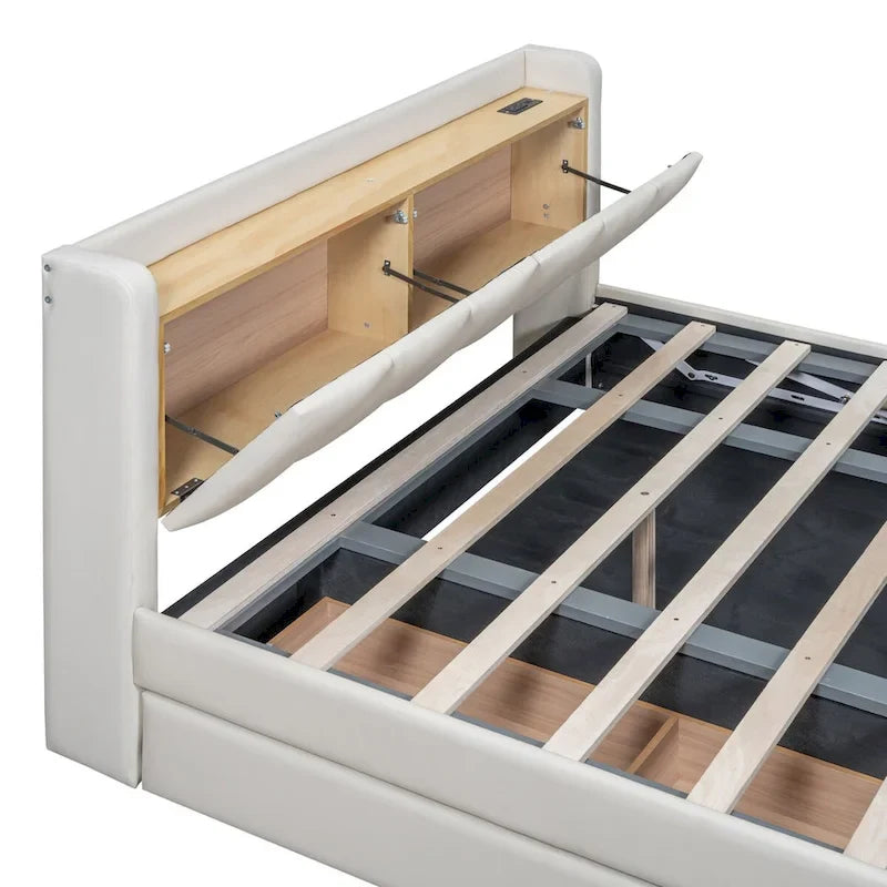 Letto imbottito a piattaforma beige/grigio, queen+twin XL, per 2 persone