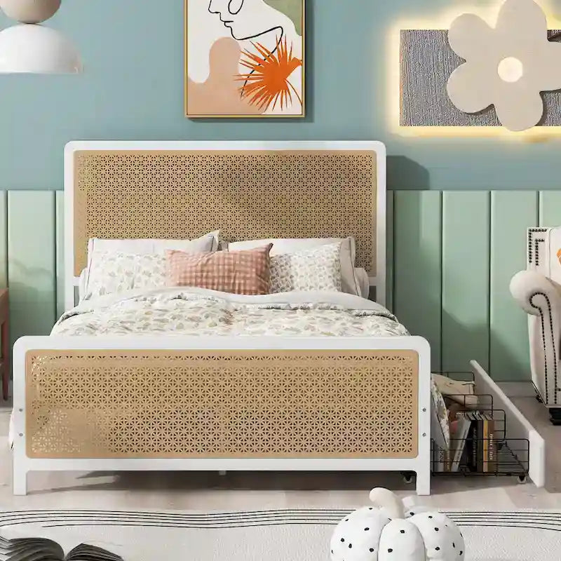 Base Letto Matrimoniale a Piattaforma in Metallo Bianco con 2 Cassetti — Per 2